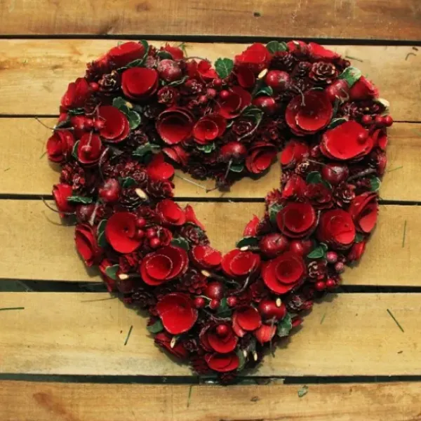 Wreaths-Kirkland's Home Wooden Roses And Cherries Valentine Heart Wreath Red