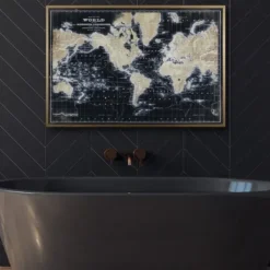 Framed Art-Kirkland's Home World Map On Black Framed Art Print Black/Tan