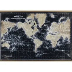 Framed Art-Kirkland's Home World Map On Black Framed Art Print Black/Tan