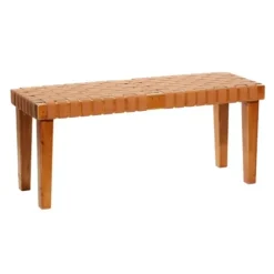 Benches & Ottomans-Kirkland's Home Woven Leather Textured Wood Bench Brown