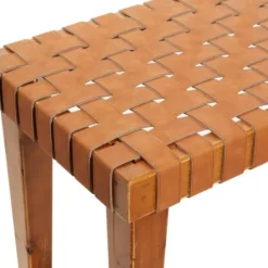 Benches & Ottomans-Kirkland's Home Woven Leather Textured Wood Bench Brown