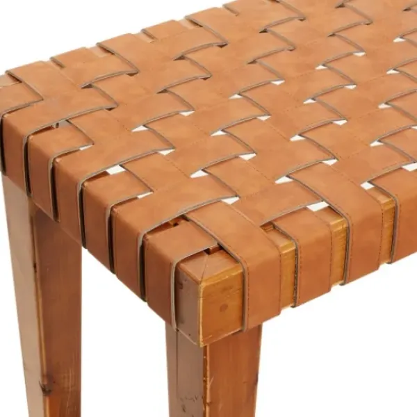 Benches & Ottomans-Kirkland's Home Woven Leather Textured Wood Bench Brown