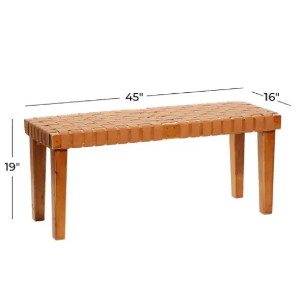 Benches & Ottomans-Kirkland's Home Woven Leather Textured Wood Bench Brown