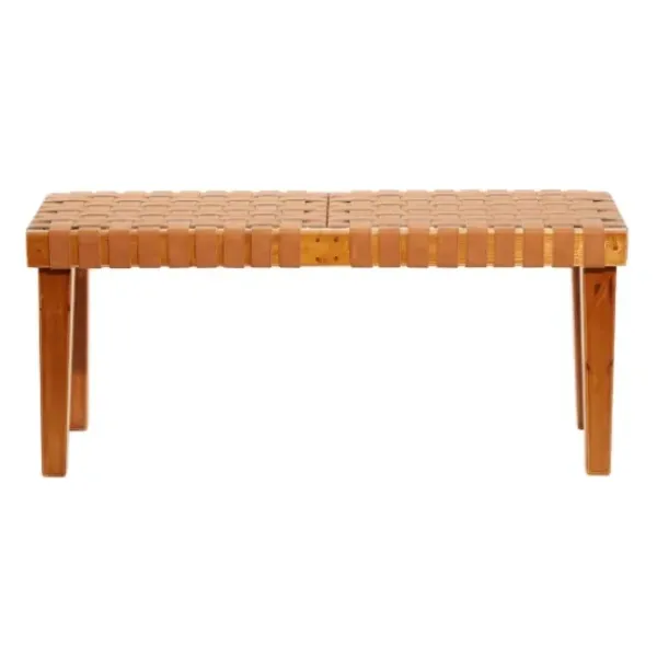 Benches & Ottomans-Kirkland's Home Woven Leather Textured Wood Bench Brown