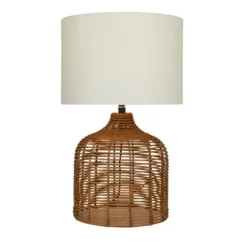 Table Lamps-Kirkland's Home Woven Rattan Base Ivory Shade Table Lamp Brown