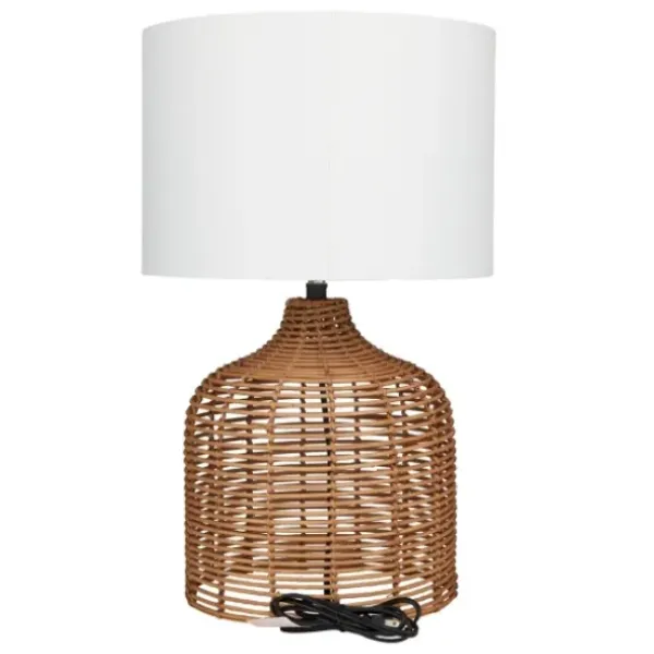 Table Lamps-Kirkland's Home Woven Rattan Base Ivory Shade Table Lamp Brown