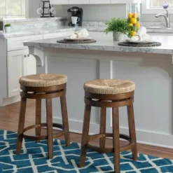 Bar Stools & Counter Height Stools-Kirkland's Home Woven Seagrass Walnut Wood Swivel Counter Stool Tan