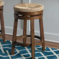 Bar Stools & Counter Height Stools-Kirkland's Home Woven Seagrass Walnut Wood Swivel Counter Stool Tan