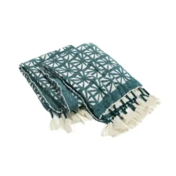Blankets & Throws-Kirkland's Home Woven Teal Planetarium Tasseled Throw Green/Ivory