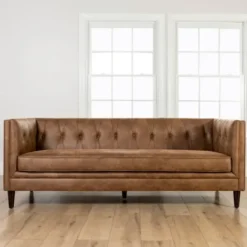 Sofas & Loveseats-Kirkland's Home Wyatt Chester Faux Leather Formal Sofa Brown