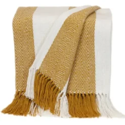 Blankets & Throws-Kirkland's Home Yellow Chalet Striped Fringe Throw Yellow/White