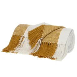 Blankets & Throws-Kirkland's Home Yellow Chalet Striped Fringe Throw Yellow/White