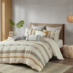 Duvets-Kirkland's Home Yellow Striped Pom Pom 3-Pc. Full/Queen Duvet Set Yellow/Gray