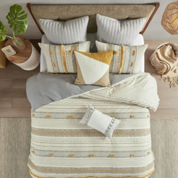 Duvets-Kirkland's Home Yellow Striped Pom Pom 3-Pc. Full/Queen Duvet Set Yellow/Gray