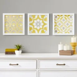 Framed Art-Kirkland's Home Yellow Tuscan Framed Wood Art Prints, Set Of 3 White/Yellow/Gray