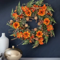 Wreaths-Kirkland's Home Zinnia And Berry Wreath Orange